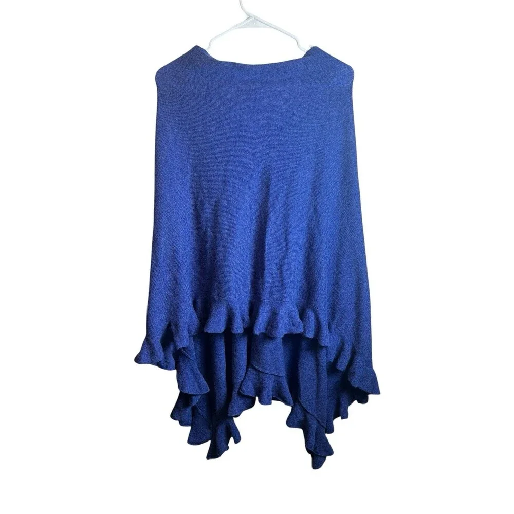 Hannah Rose 100% Cashmere Ruffle Hem Poncho Sweater Royal Blue OS